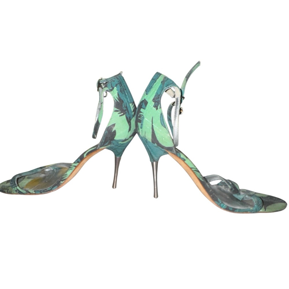 Sz 8 GUESS By Marciano Green Tropical Jungle Leaf Floral Strap Stilettos Sandals - Picture 2 of 6